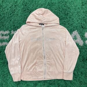 Vintage Y2K Bebe Rhinestone Full Zip Velour Hoodie Sweater Pink Peach XL B10